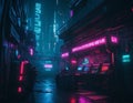 Cyberpunk landscape of city streets with neon light. Image generated by artificial intelligence, ai. The concept of retro futurism Royalty Free Stock Photo