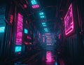 Cyberpunk landscape of city streets with neon light. Image generated by artificial intelligence, ai. The concept of retro futurism Royalty Free Stock Photo