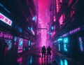 Cyberpunk landscape of city streets with neon light. Image generated by artificial intelligence, ai. The concept of retro futurism Royalty Free Stock Photo