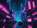 Cyberpunk landscape of city streets with neon light. Image generated by artificial intelligence, ai. The concept of retro futurism Royalty Free Stock Photo