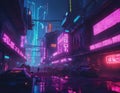 Cyberpunk landscape of city streets with neon light. Image generated by artificial intelligence, ai. The concept of retro futurism Royalty Free Stock Photo