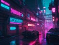 Cyberpunk landscape of city streets with neon light. Image generated by artificial intelligence, ai. The concept of retro futurism Royalty Free Stock Photo