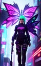 Cyberpunk Magic Cyan Fairy in a Futuristic Landscape