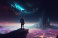 Cyberpunk man looking at futuristic cityscape with stars and skyscrapers neon lights. man stands on top of futuristic Royalty Free Stock Photo