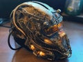 Glowing cyberpunk mask with circuitry and AR