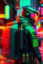 cyberpunk military soldiers patrolling at night with futuristic tactical outfit armor on the dystopian streets. sci fi robot.