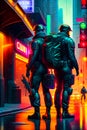 cyberpunk military soldiers patrolling at night with futuristic tactical outfit armor on the dystopian streets. sci fi robot.