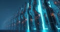 Cyberpunk monoliths with glowing blue wireframes Royalty Free Stock Photo