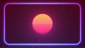 Cyberpunk neon background. Retro 80 s Sun. Pink blue light on dark backdrop. Rounded neon rectangle. Copy space. Vaporwave style