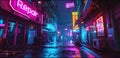 Cyberpunk neon city at night, dark street with robot repair workshop. Urban landscape with futuristic buildings and purple light.