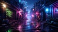 Cyberpunk neon city at night, empty street or alley in lights after rain Royalty Free Stock Photo