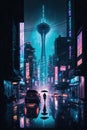 Cyberpunk neon city at night, futuristic buildings and TV tower in rain, generative AI