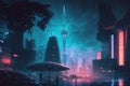 Cyberpunk neon city at night, futuristic buildings and TV tower in rain, generative AI