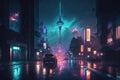 Cyberpunk neon city at night, futuristic buildings and TV tower in rain, generative AI