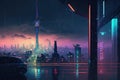 Cyberpunk neon city at night, futuristic buildings and TV tower in rain, generative AI