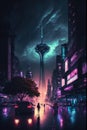 Cyberpunk neon city at night, futuristic buildings and TV tower in rain, generative AI