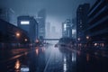 Cyberpunk neon city night, Dark rainy evening with skyscrapers