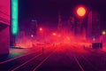 Cyberpunk neon city night. Futuristic city scene in a style of pixel art. 80's wallpaper. Retro future. Generative Royalty Free Stock Photo