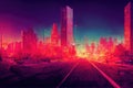 Cyberpunk neon city night. Futuristic city scene in a style of pixel art. 80's wallpaper. Retro future. Generative Royalty Free Stock Photo