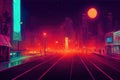 Cyberpunk neon city night. Futuristic city scene in a style of pixel art. 80's wallpaper. Retro future. Generative Royalty Free Stock Photo