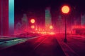 Cyberpunk neon city night. Futuristic city scene in a style of pixel art. 80's wallpaper. Retro future. Generative