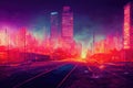 Cyberpunk neon city night. Futuristic city scene in a style of pixel art. 80's wallpaper. Retro future. Generative