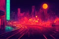 Cyberpunk neon city night. Futuristic city scene in a style of pixel art. 80's wallpaper. Retro future. Generative Royalty Free Stock Photo