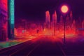 Cyberpunk neon city night. Futuristic city scene in a style of pixel art. 80's wallpaper. Retro future. Generative Royalty Free Stock Photo