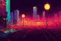 Cyberpunk neon city night. Futuristic city scene in a style of pixel art. 80's wallpaper. Retro future. Generative Royalty Free Stock Photo