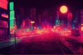 Cyberpunk neon city night. Futuristic city scene in a style of pixel art. 80's wallpaper. Retro future. Generative Royalty Free Stock Photo