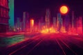 Cyberpunk neon city night. Futuristic city scene in a style of pixel art. 80's wallpaper. Retro future. Generative Royalty Free Stock Photo