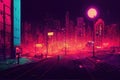 Cyberpunk neon city night. Futuristic city scene in a style of pixel art. 80's wallpaper. Retro future. Generative Royalty Free Stock Photo