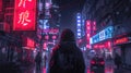 Cyberpunk neon city at night, woman or girl walks down dark street in rain, dark futuristic town with modern skyscrapers and red Royalty Free Stock Photo