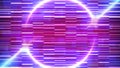 Cyberpunk neon glitch background. Abstract retro futuristic backdrop. Bright circle. Laser glowing