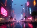 Cyberpunk neon street at night with rain reflections Royalty Free Stock Photo