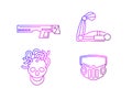 Cyberpunk outline icons set. Futuristic gun. Exoskeleton on arm and mask. Skull with wires