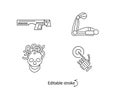 Cyberpunk outline icons set. Futuristic gun. Exoskeleton and bio mechanical arm.