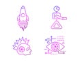 Cyberpunk outline icons set. Futuristic robot and spaceship. Skull with mohawk. Digital eye