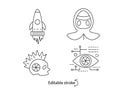 Cyberpunk outline icons set. Futuristic rocket. Skull and hood with mask. Digital eye