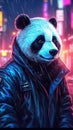 Cyberpunk panda bear in the night. Panda outdoors in winter.