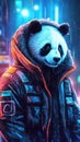 Cyberpunk panda bear in the night. Panda outdoors in winter.