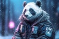 Cyberpunk panda bear in the night. Panda outdoors in winter.