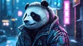 Cyberpunk panda bear in the night. Panda outdoors in winter.
