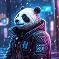 Cyberpunk panda bear in the night. Panda outdoors in winter.