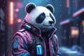 Cyberpunk panda bear in the night. Panda outdoors in winter.