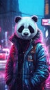 Cyberpunk panda bear in the night. Panda outdoors in winter.