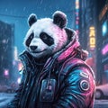 Cyberpunk panda bear in the night. Panda outdoors in winter.