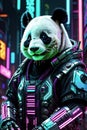 Cyberpunk panda with futuristic neon armor and cyber enhancements