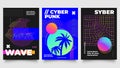 Cyberpunk poster. Futuristic background with summer sunset and palm trees in circle frame. Striped figures