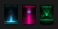 Cyberpunk poster set. Futuristic retrowave vivid layouts for electronic music events. Virtual reality concept. Design